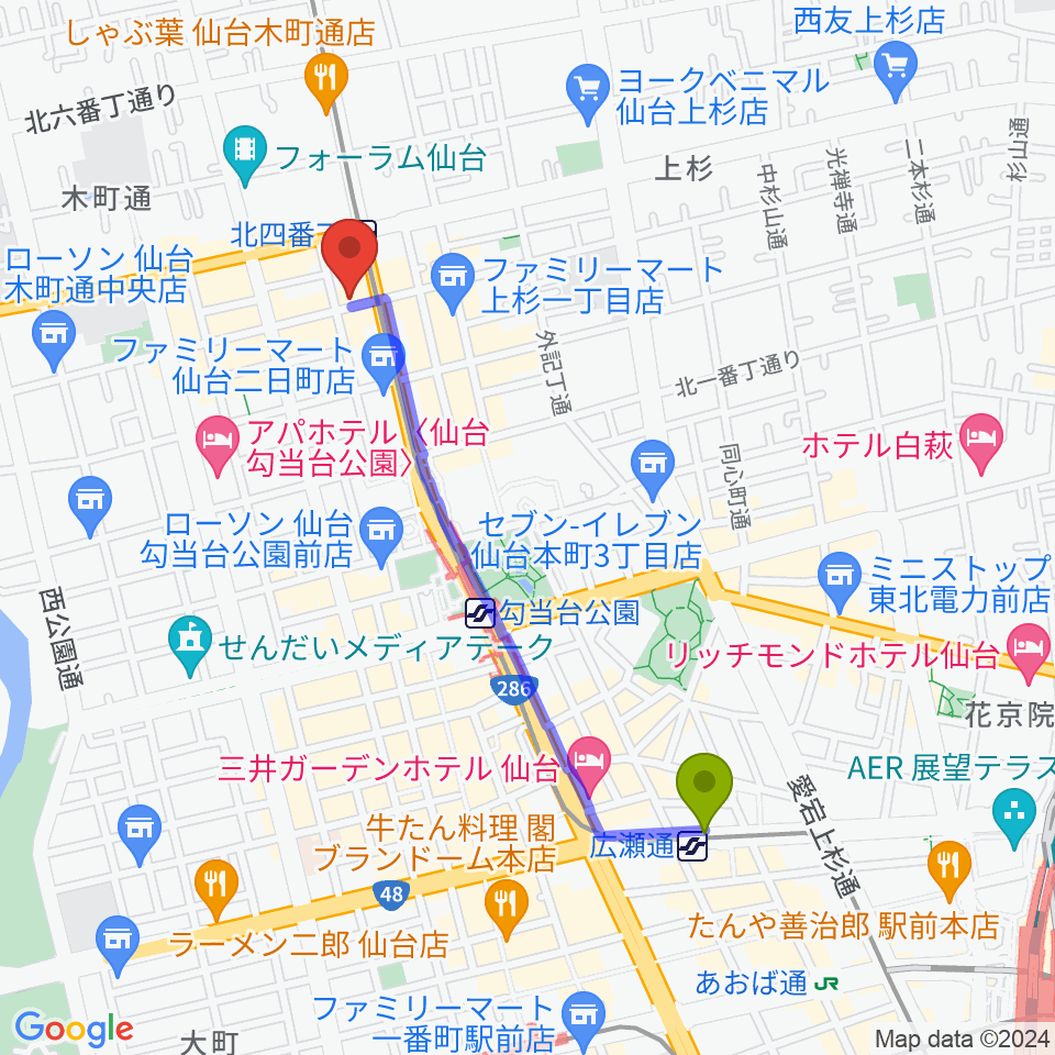 広瀬通駅から松尾弦楽器 仙台店へのルートマップ地図
