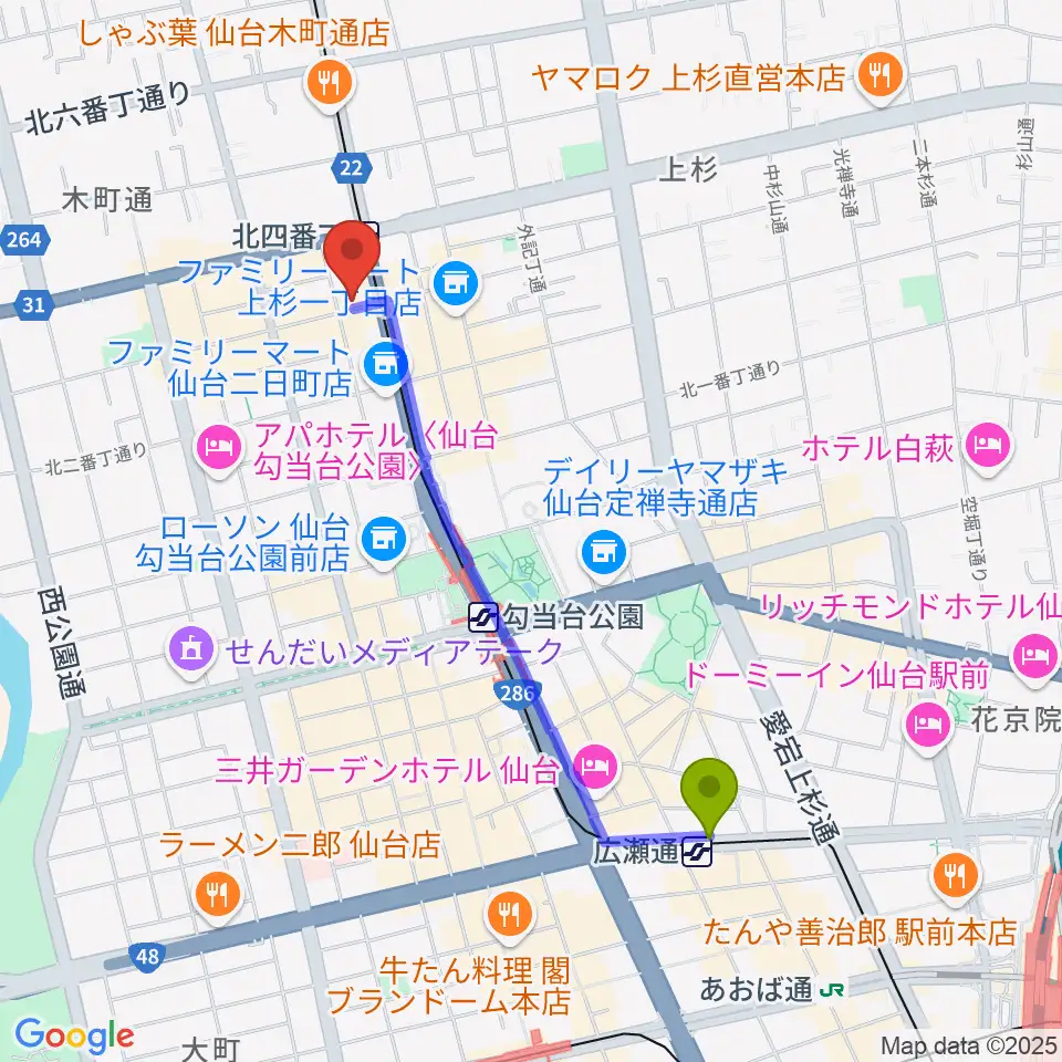 広瀬通駅から松尾弦楽器 仙台店へのルートマップ地図