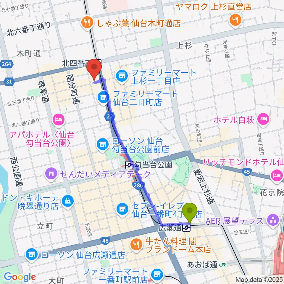 広瀬通駅から松尾弦楽器 仙台店へのルートマップ地図