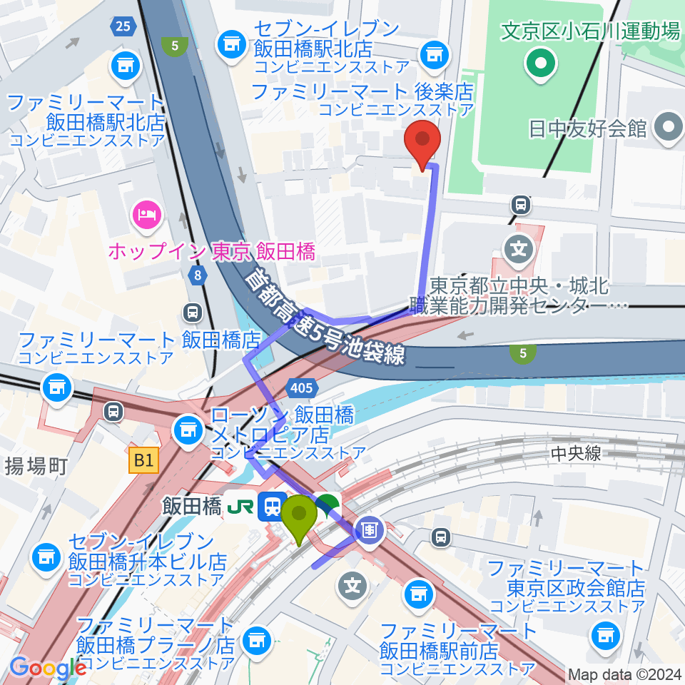 松尾弦楽器 東京店の最寄駅飯田橋駅からの徒歩ルート（約4分）地図