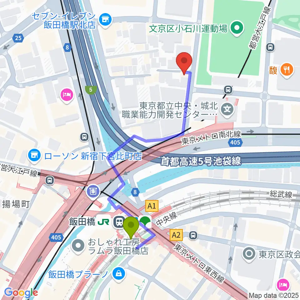 株式会社MATSUO STRINGSの最寄駅飯田橋駅からの徒歩ルート（約4分）地図