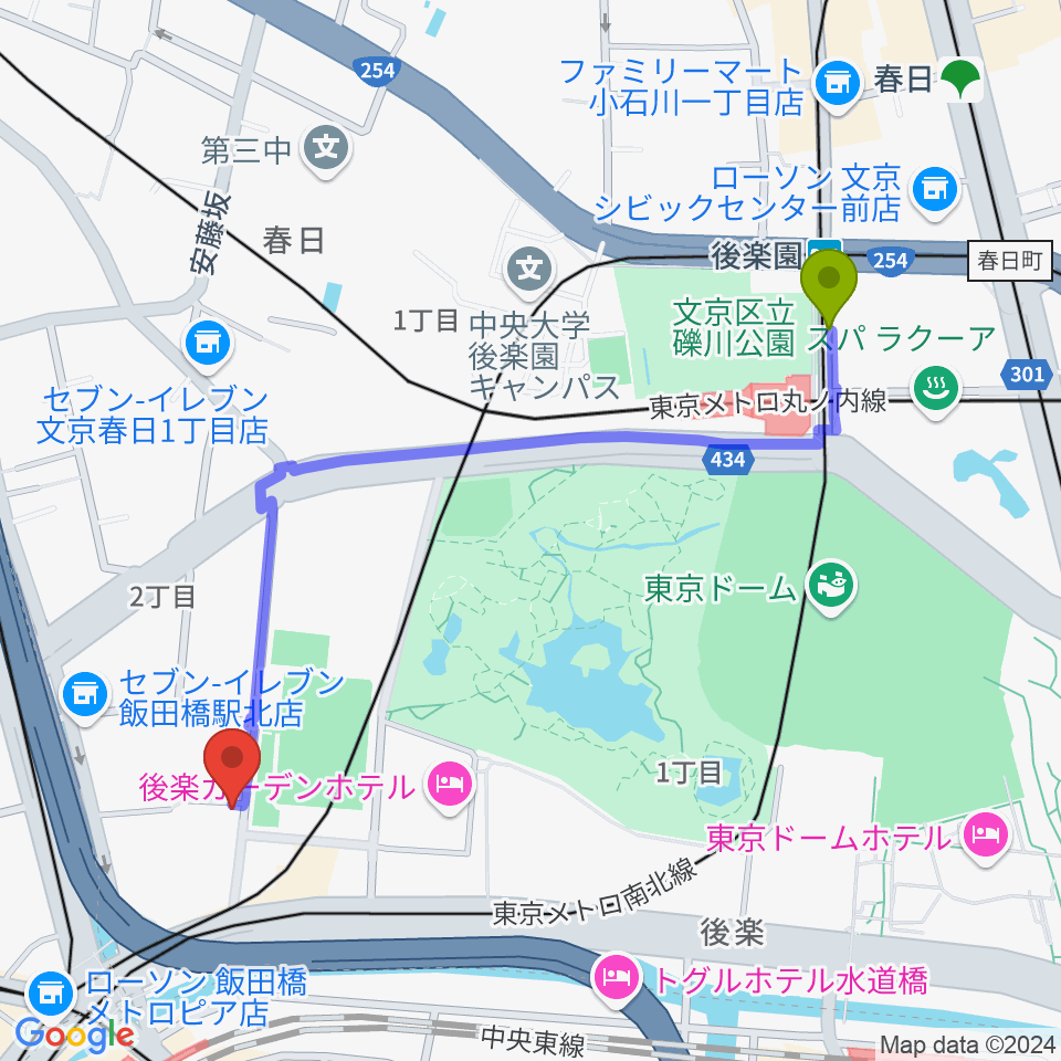 後楽園駅から松尾弦楽器 東京店へのルートマップ地図