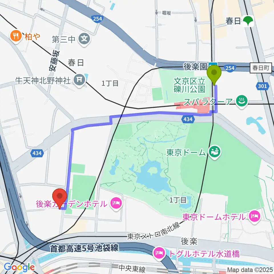 後楽園駅から株式会社MATSUO STRINGSへのルートマップ地図