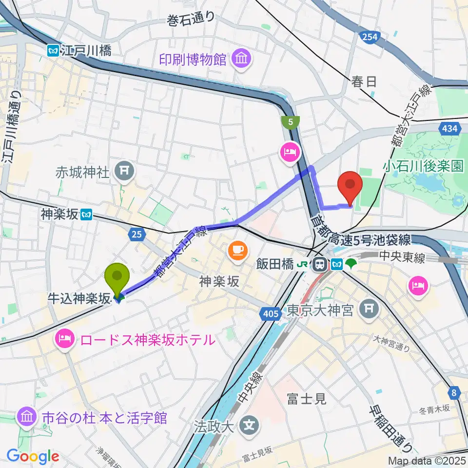 牛込神楽坂駅から株式会社MATSUO STRINGSへのルートマップ地図