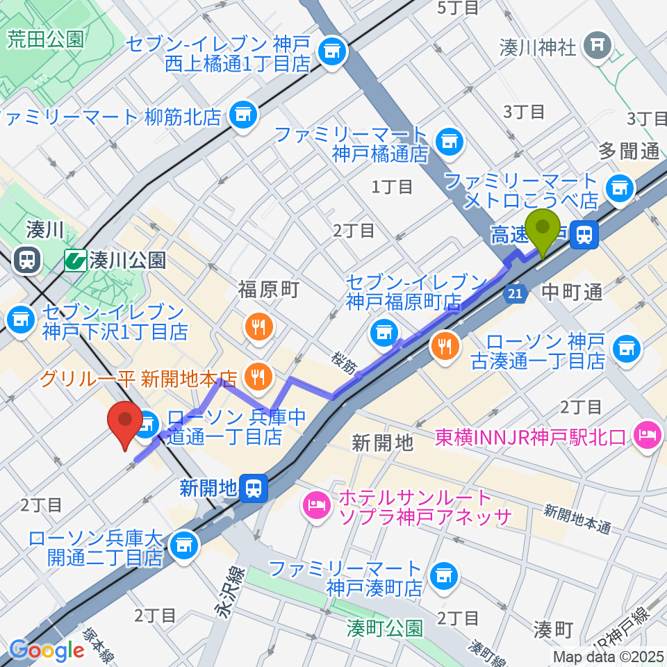 高速神戸駅からダイヤ通音楽ホールへのルートマップ地図