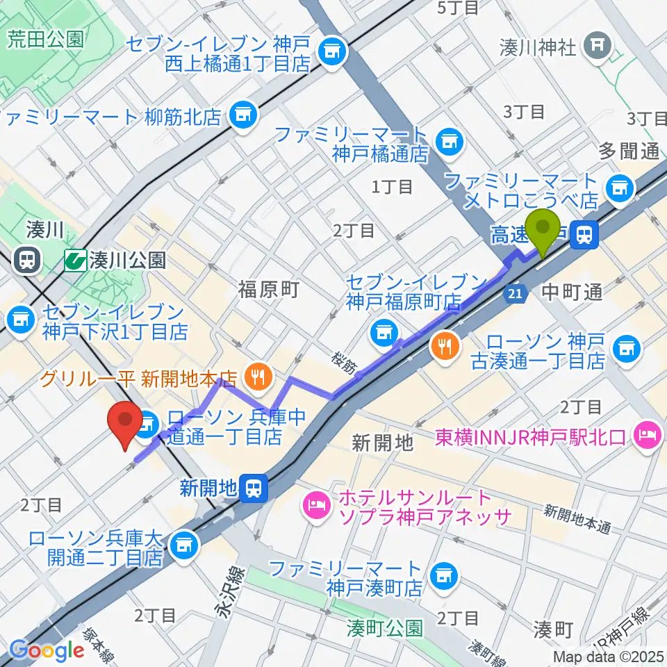 高速神戸駅からダイヤ通音楽ホールへのルートマップ地図