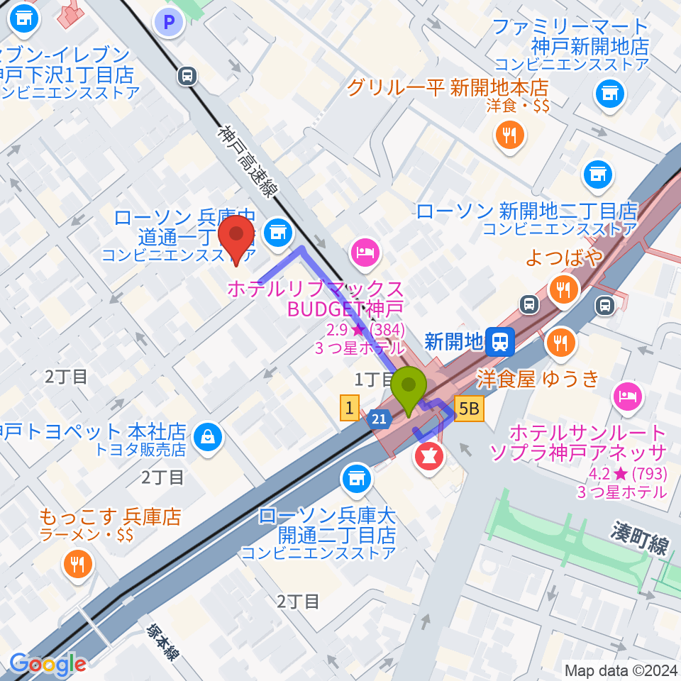 ダイヤ通音楽ホールの最寄駅新開地駅からの徒歩ルート（約3分）地図