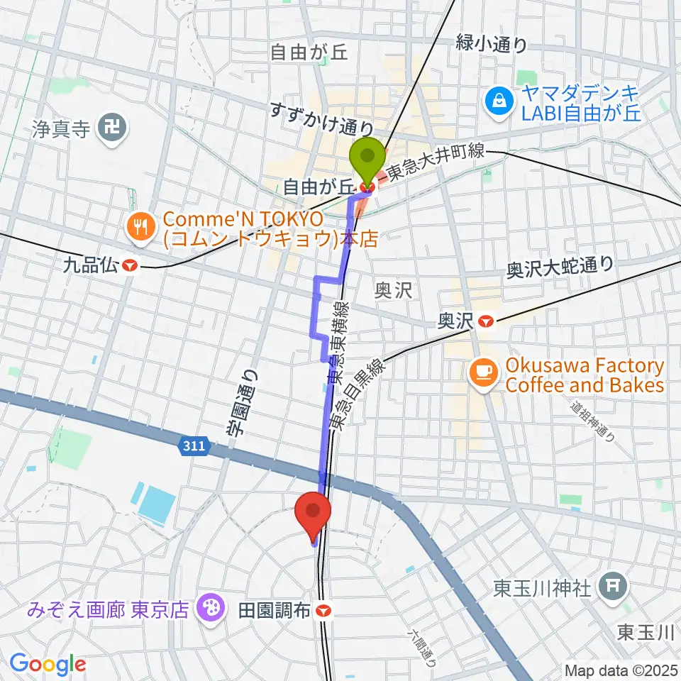 自由が丘駅からピアノ調律センター サロン・ド・ウツノミヤへのルートマップ地図