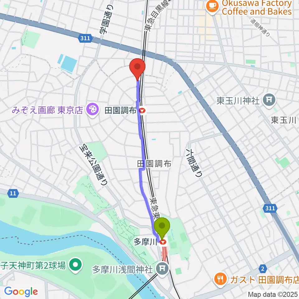 多摩川駅からピアノ調律センター サロン・ド・ウツノミヤへのルートマップ地図