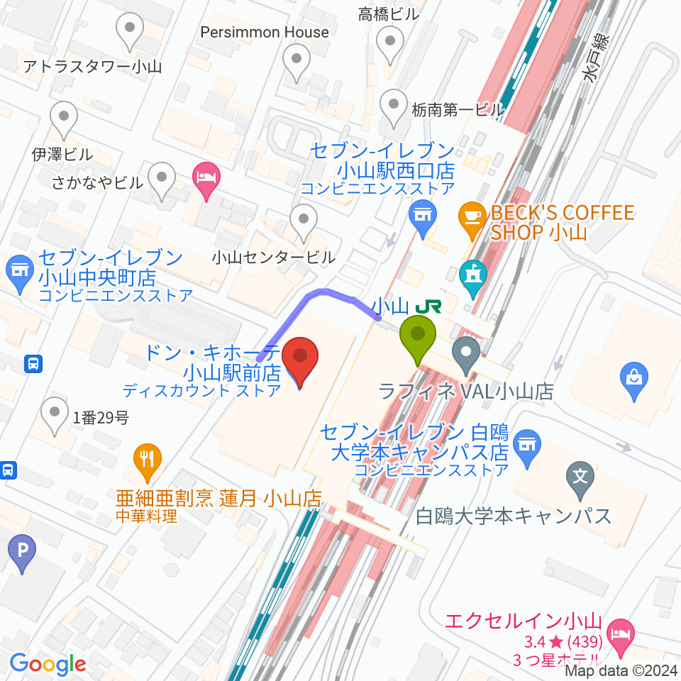 小山市立生涯学習センターの最寄駅小山駅からの徒歩ルート（約1分）地図