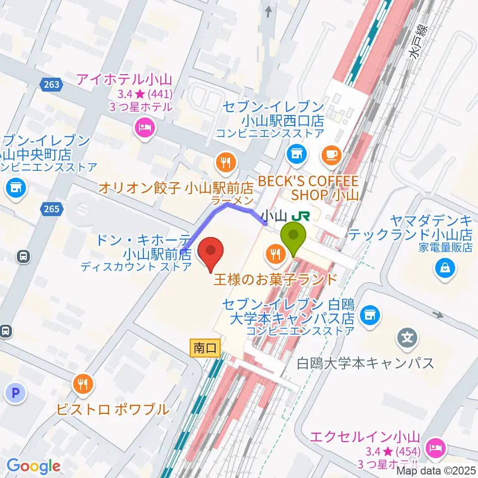小山市立生涯学習センターの最寄駅小山駅からの徒歩ルート（約1分）地図