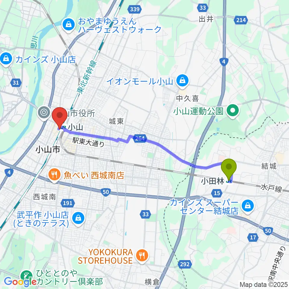 小田林駅から小山市立生涯学習センターへのルートマップ地図