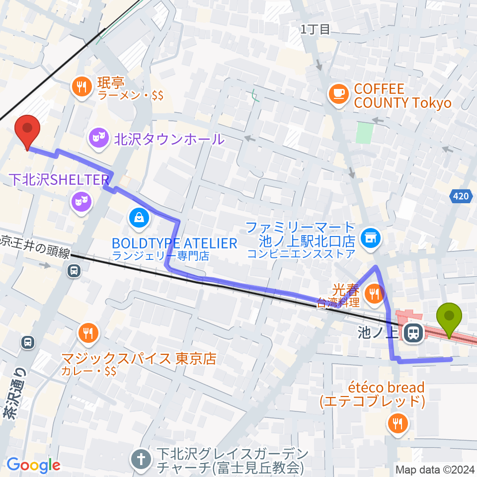 池ノ上駅から下北沢APOLLOへのルートマップ地図