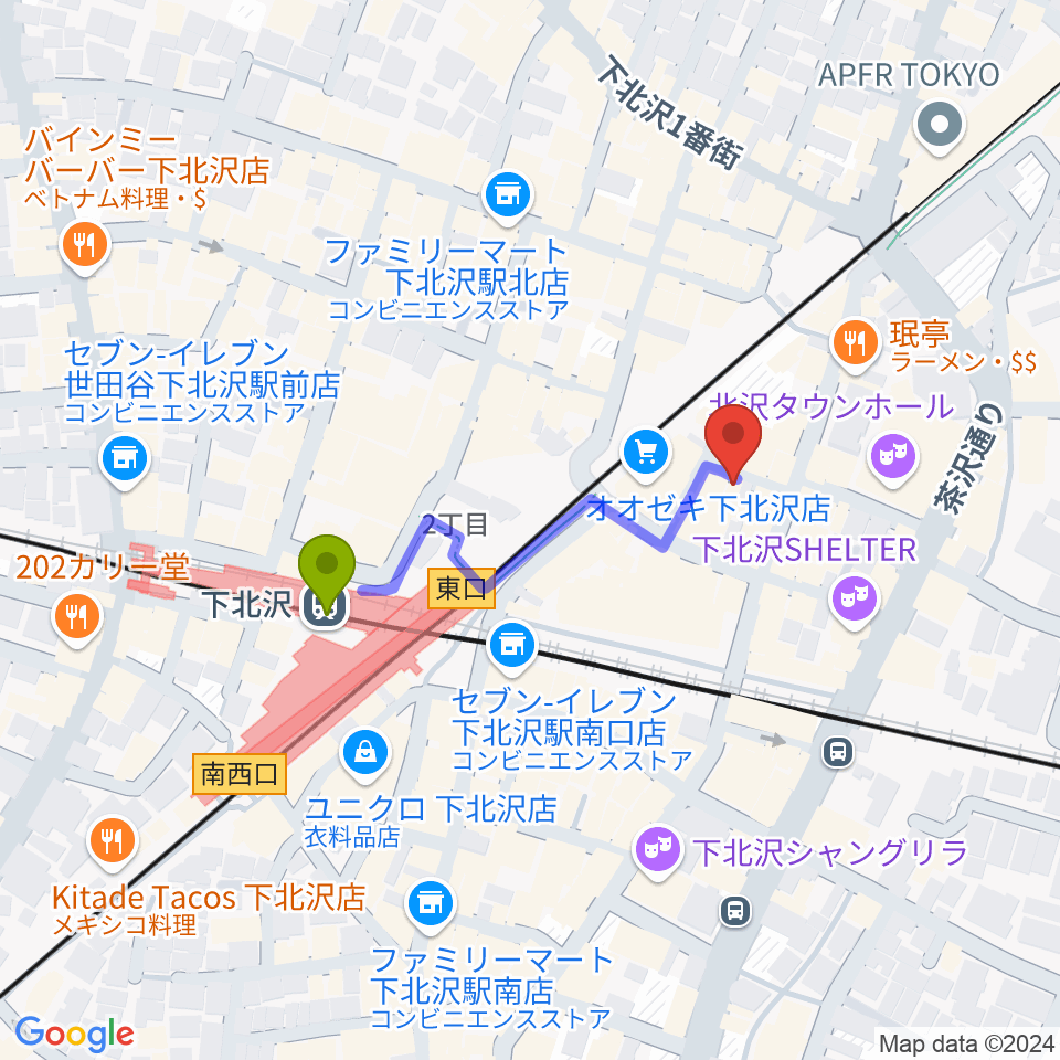 下北沢APOLLOの最寄駅下北沢駅からの徒歩ルート（約3分）地図