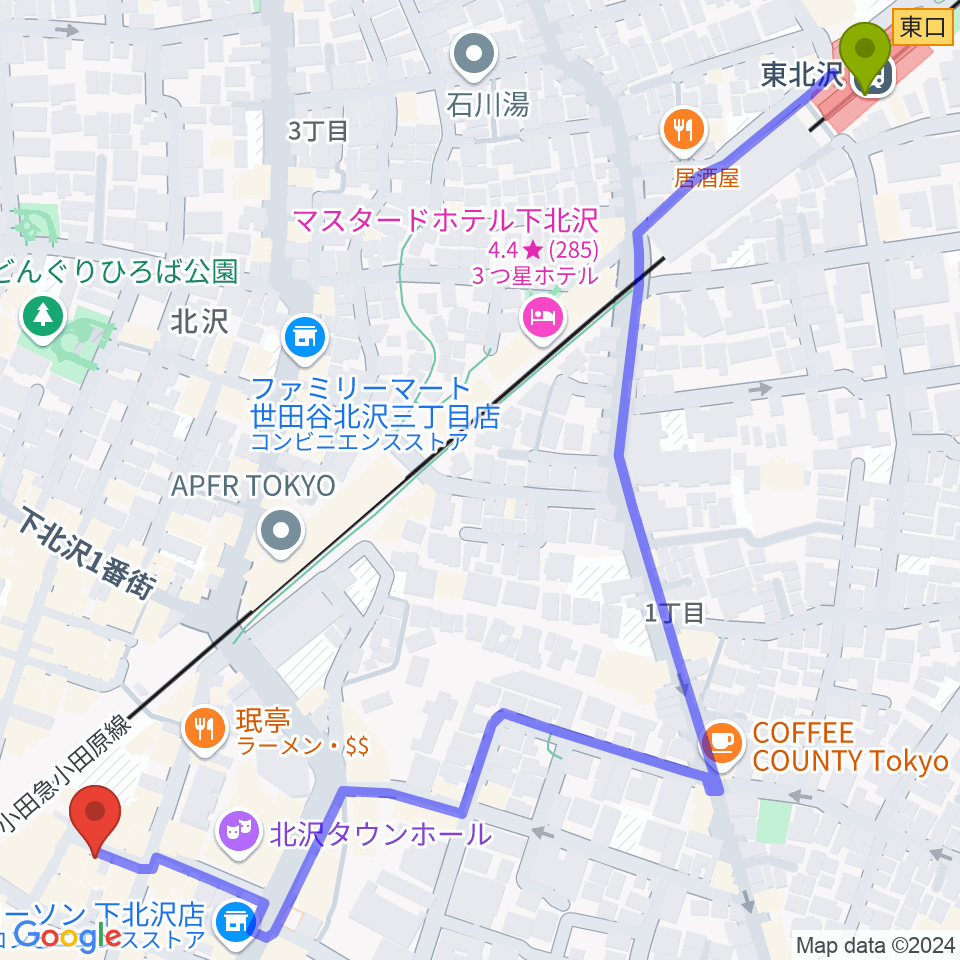 東北沢駅から下北沢APOLLOへのルートマップ地図