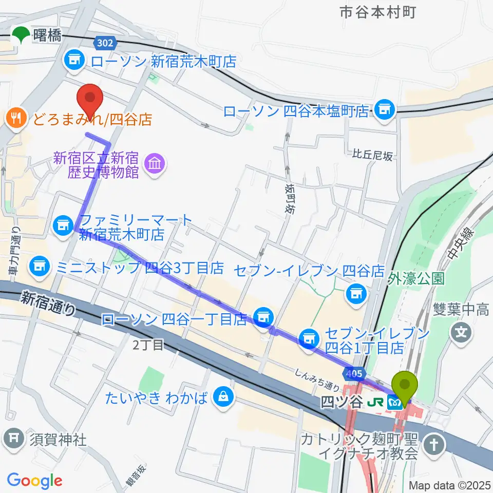 四ツ谷駅から四谷ボビーズへのルートマップ地図