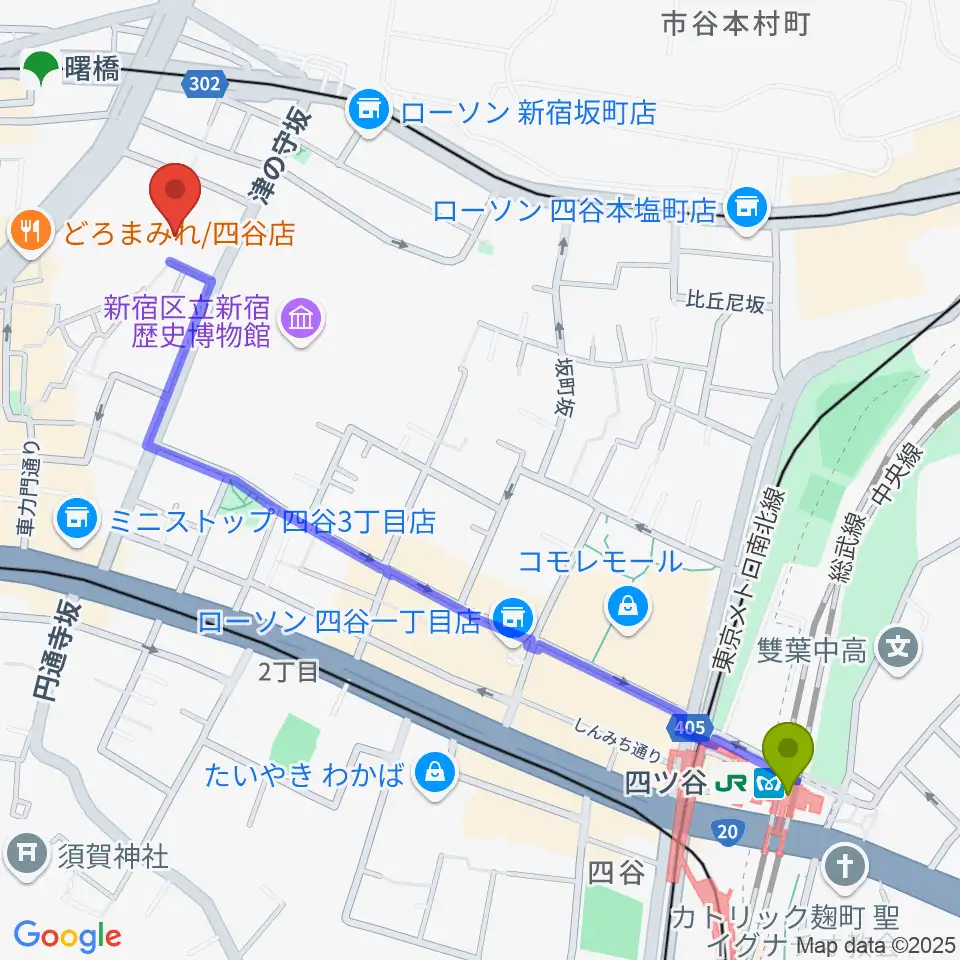 四ツ谷駅から四谷ボビーズへのルートマップ地図