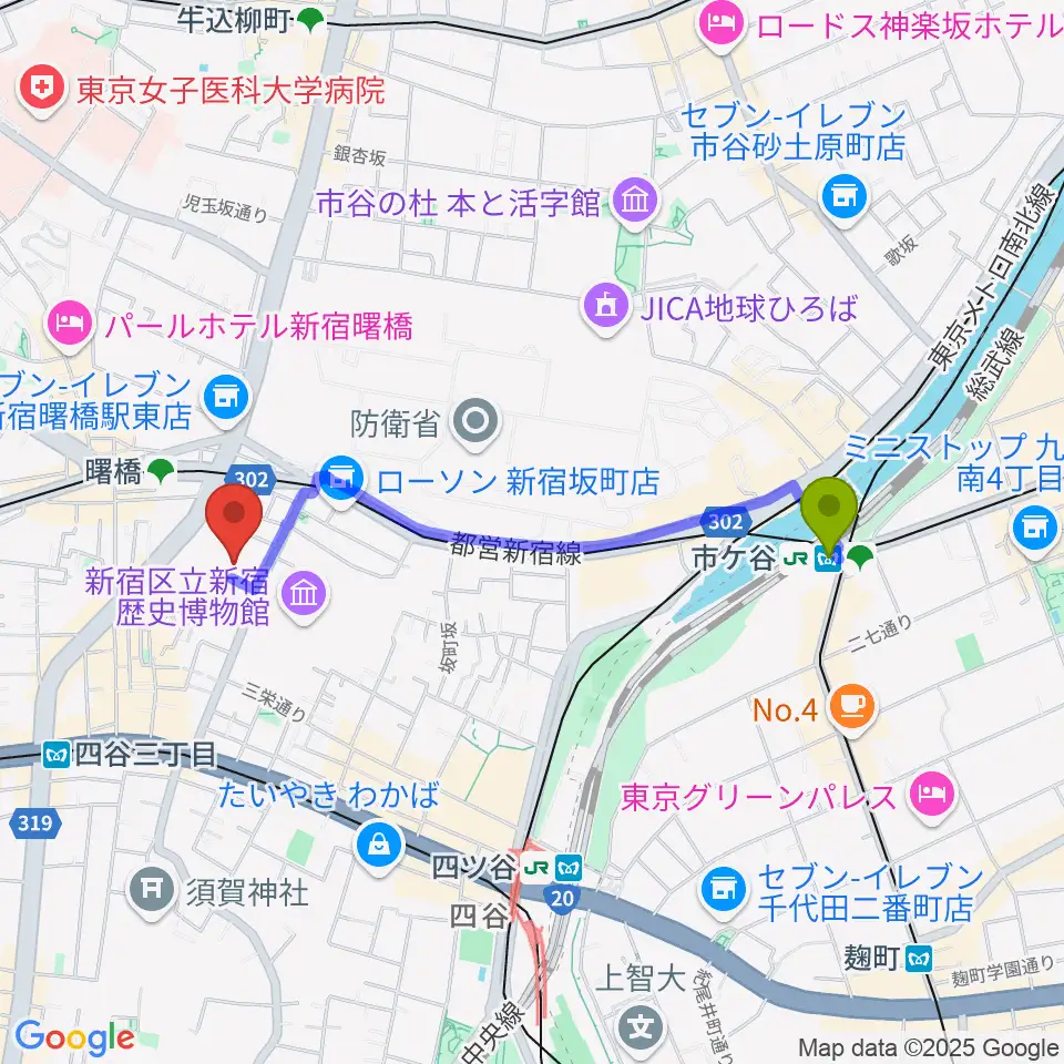 市ケ谷駅から四谷ボビーズへのルートマップ地図