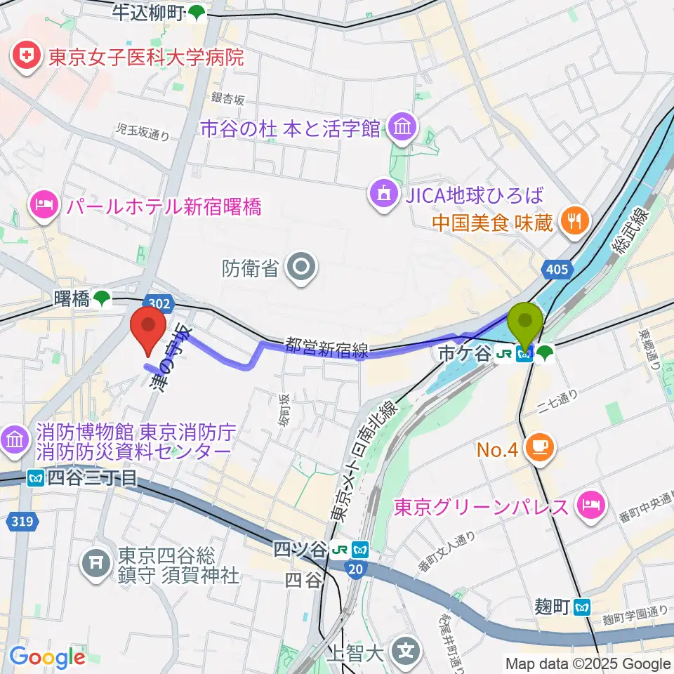 市ケ谷駅から四谷ボビーズへのルートマップ地図