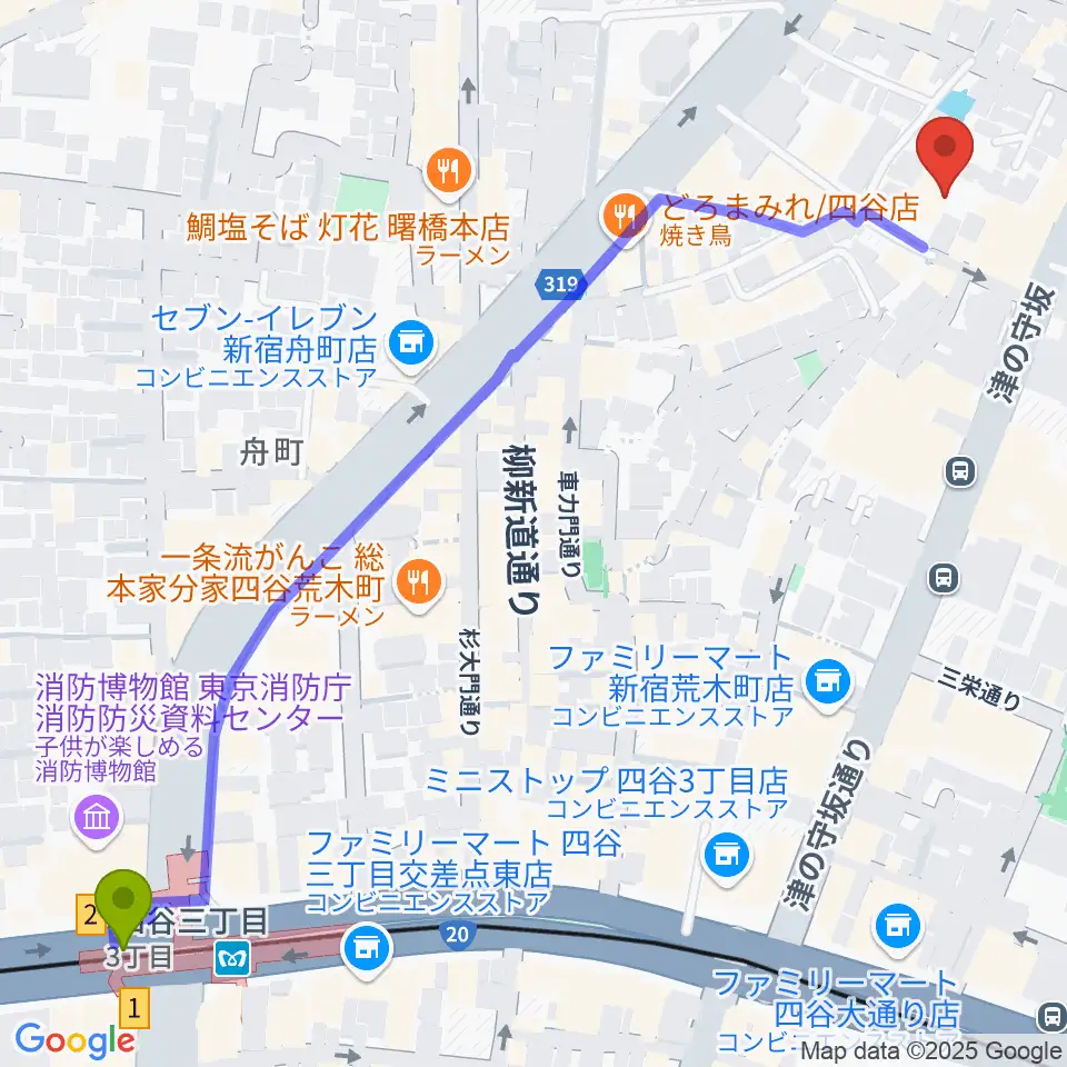 四谷三丁目駅から四谷ボビーズへのルートマップ地図