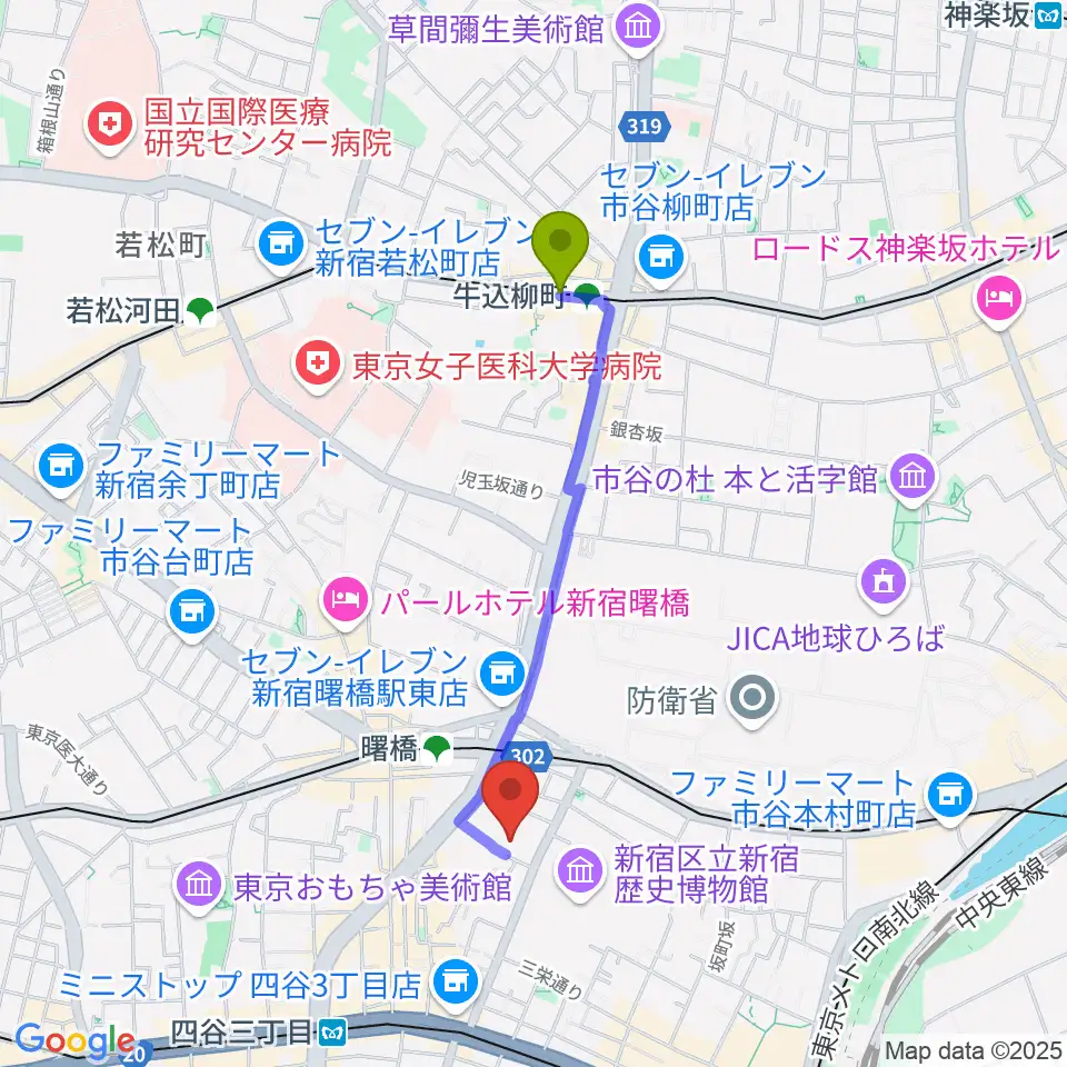 牛込柳町駅から四谷ボビーズへのルートマップ地図