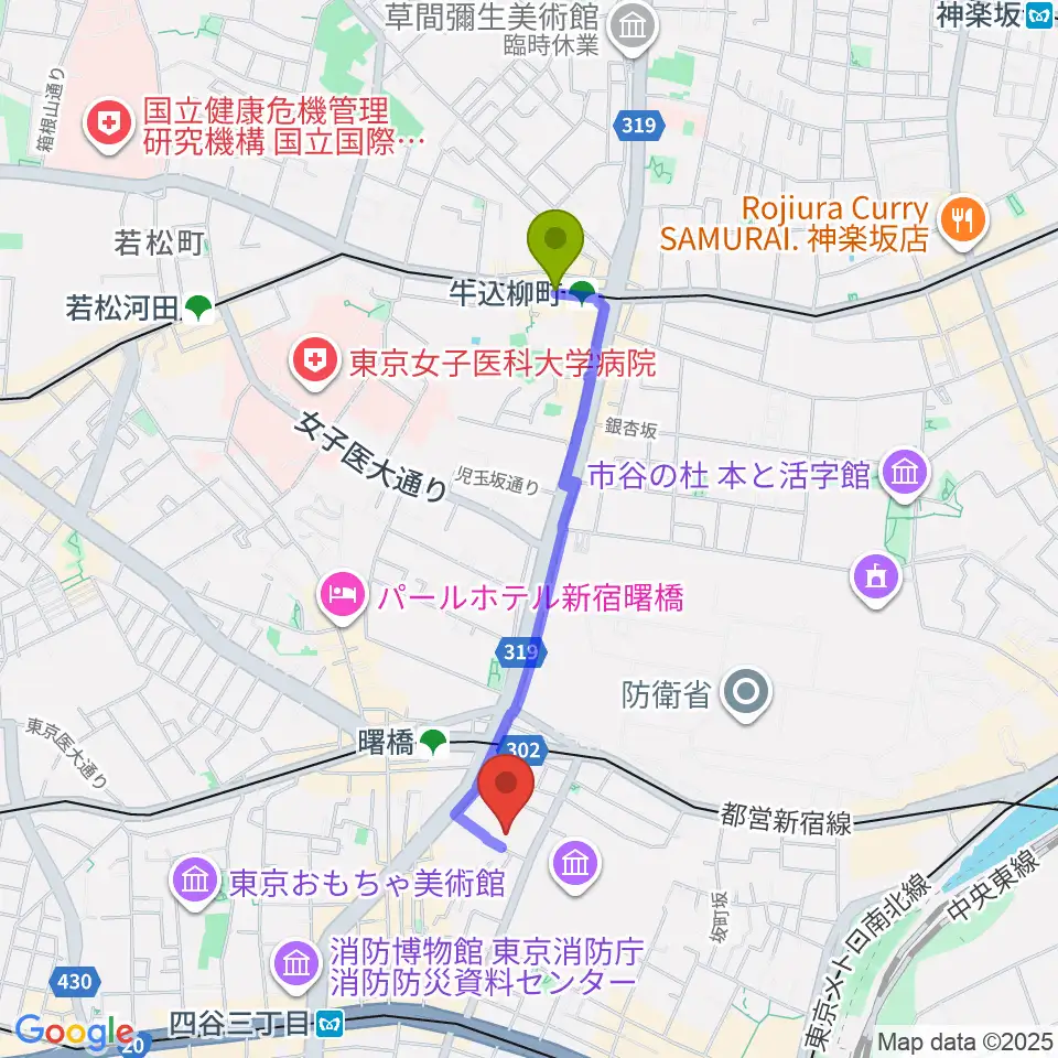 牛込柳町駅から四谷ボビーズへのルートマップ地図