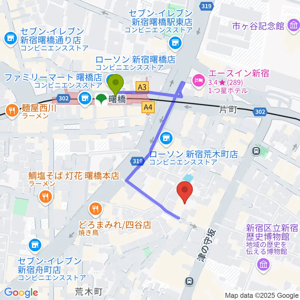 四谷ボビーズの最寄駅曙橋駅からの徒歩ルート（約3分）地図