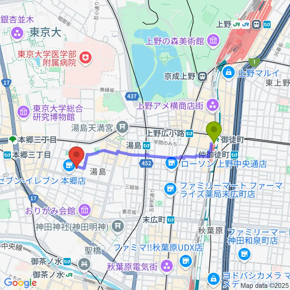 御徒町駅からアムリタ・カスタム・ギターズへのルートマップ地図