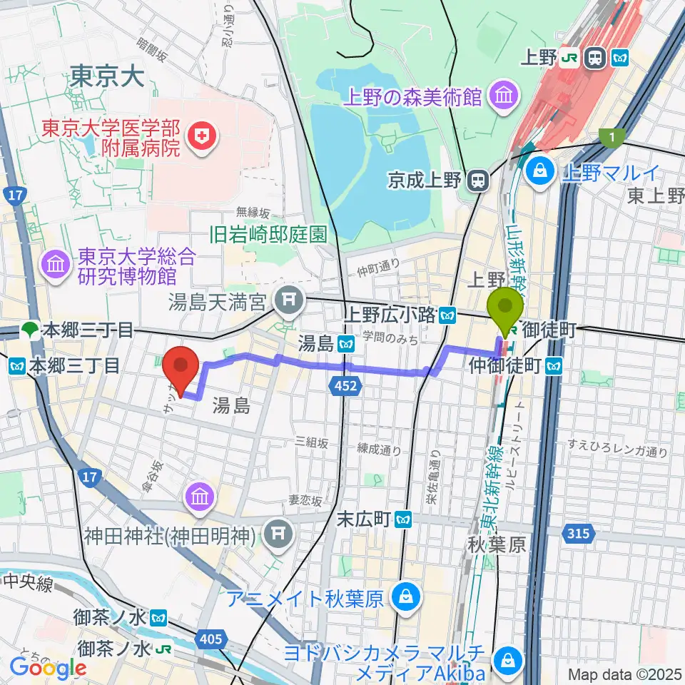 御徒町駅からアムリタ・カスタム・ギターズへのルートマップ地図