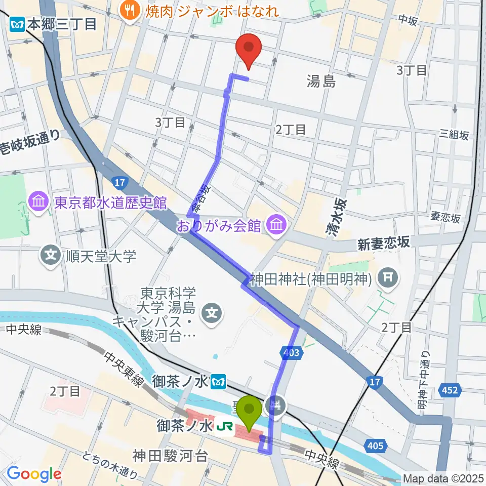 御茶ノ水駅からアムリタ・カスタム・ギターズへのルートマップ地図