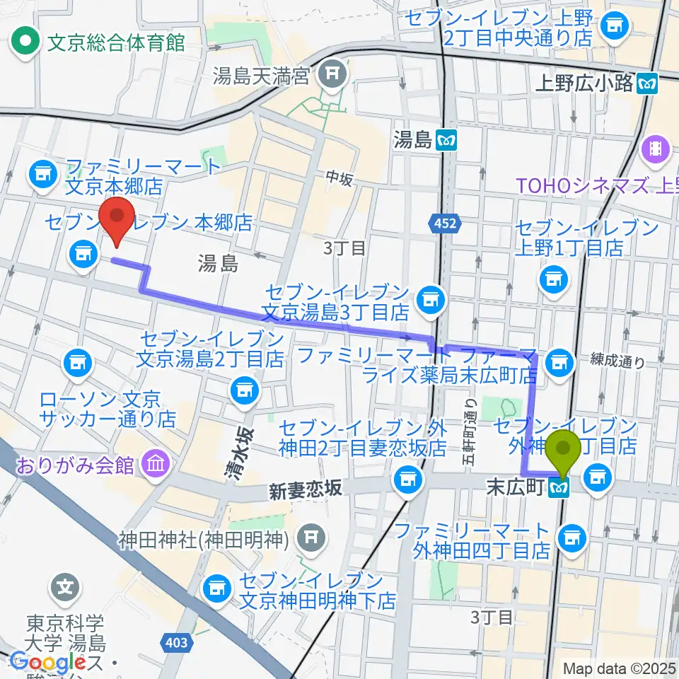 末広町駅からアムリタ・カスタム・ギターズへのルートマップ地図