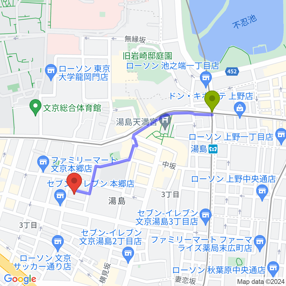 湯島駅からアムリタ・カスタム・ギターズへのルートマップ地図
