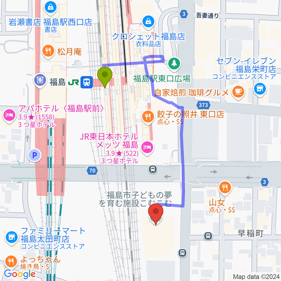 こむこむ館の最寄駅福島駅からの徒歩ルート（約4分）地図