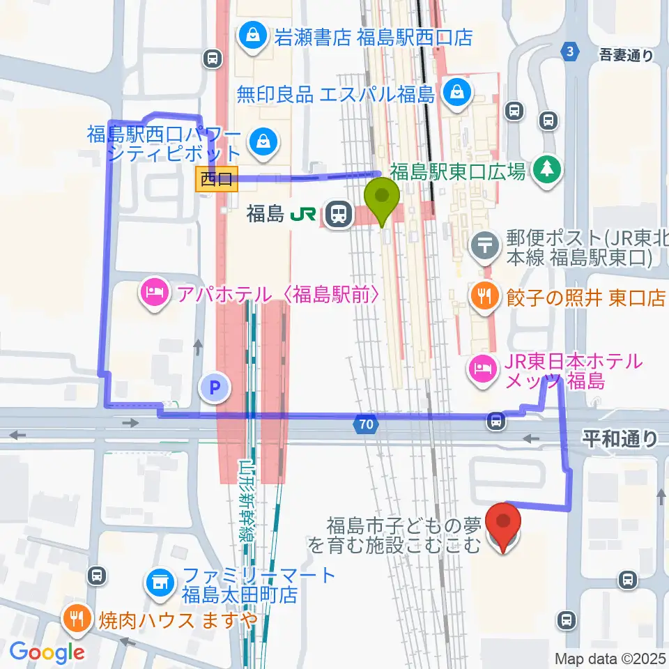 こむこむ館の最寄駅福島駅からの徒歩ルート（約4分）地図