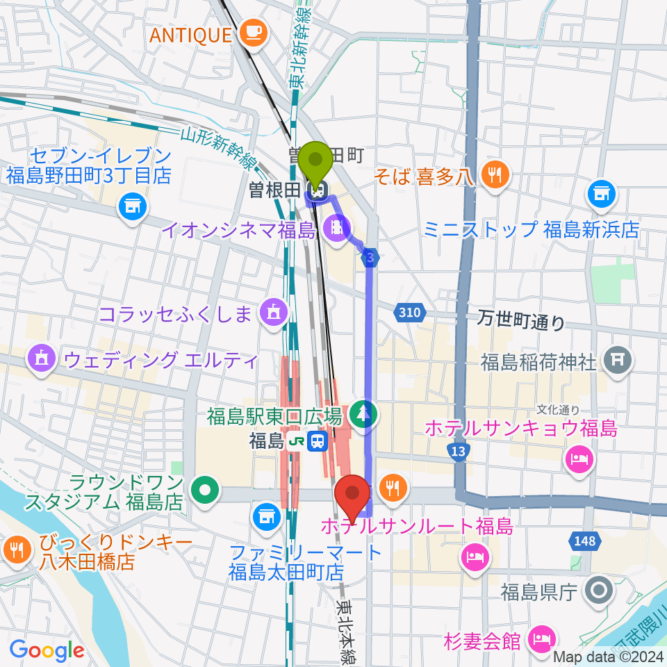 曽根田駅からこむこむ館へのルートマップ地図