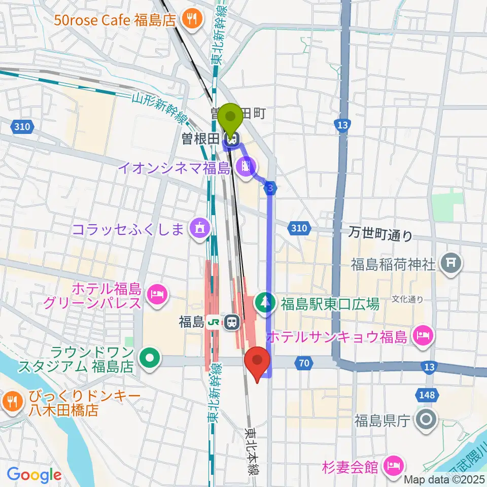 曽根田駅からこむこむ館へのルートマップ地図
