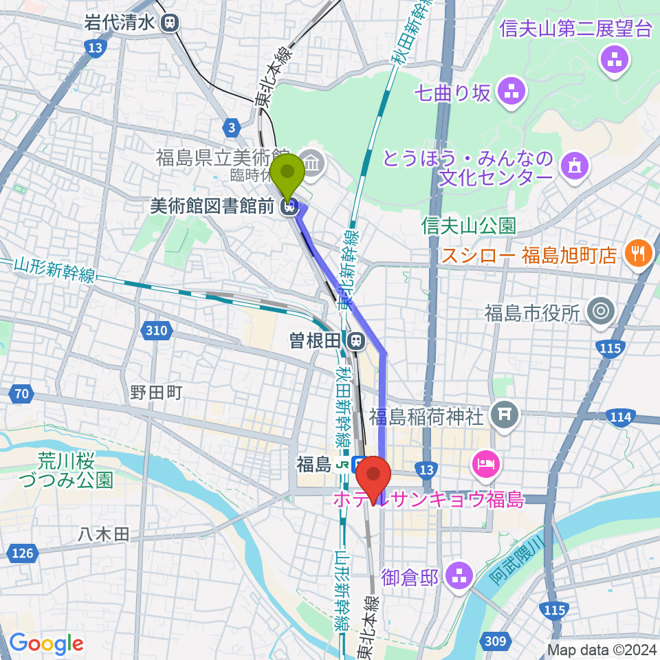 美術館図書館前駅からこむこむ館へのルートマップ地図