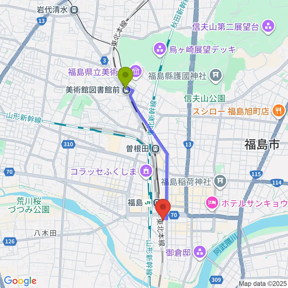 美術館図書館前駅からこむこむ館へのルートマップ地図