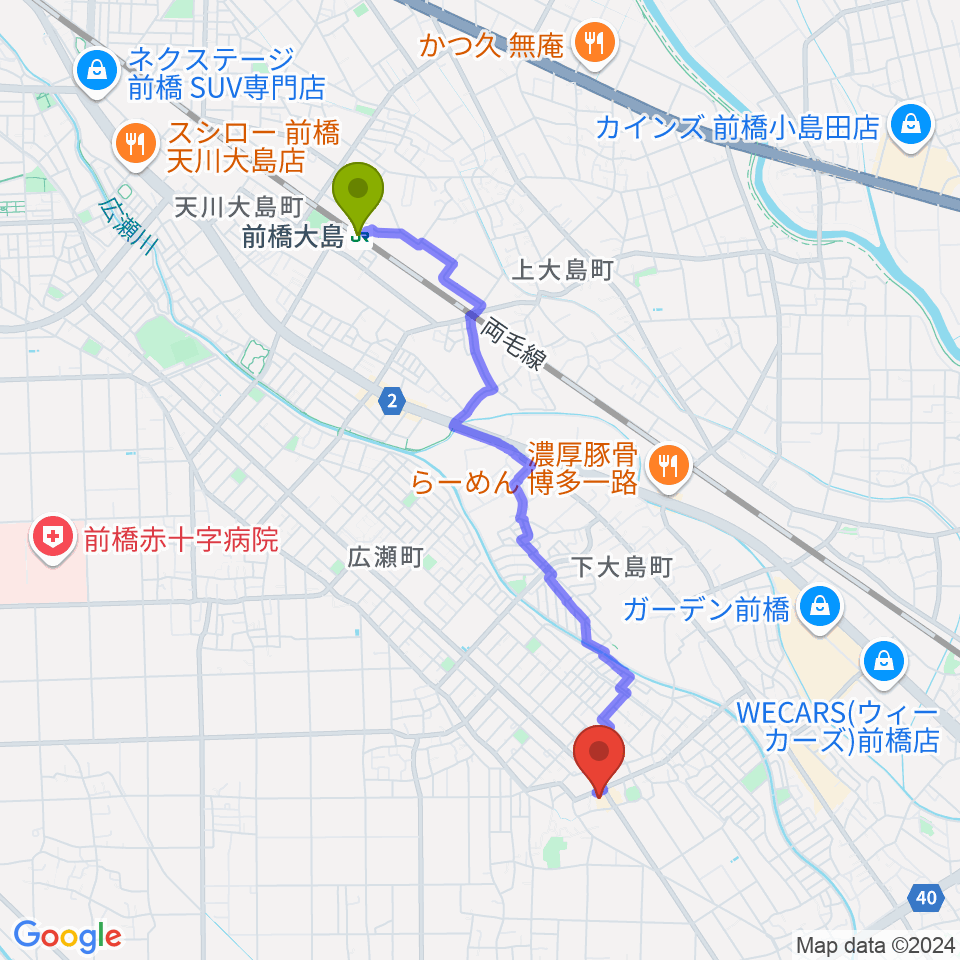 前橋大島駅から山王ホール・TMスタジオへのルートマップ地図