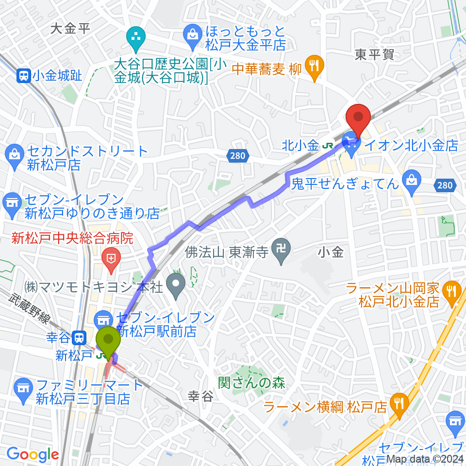 新松戸駅から北小金Throbberへのルートマップ地図