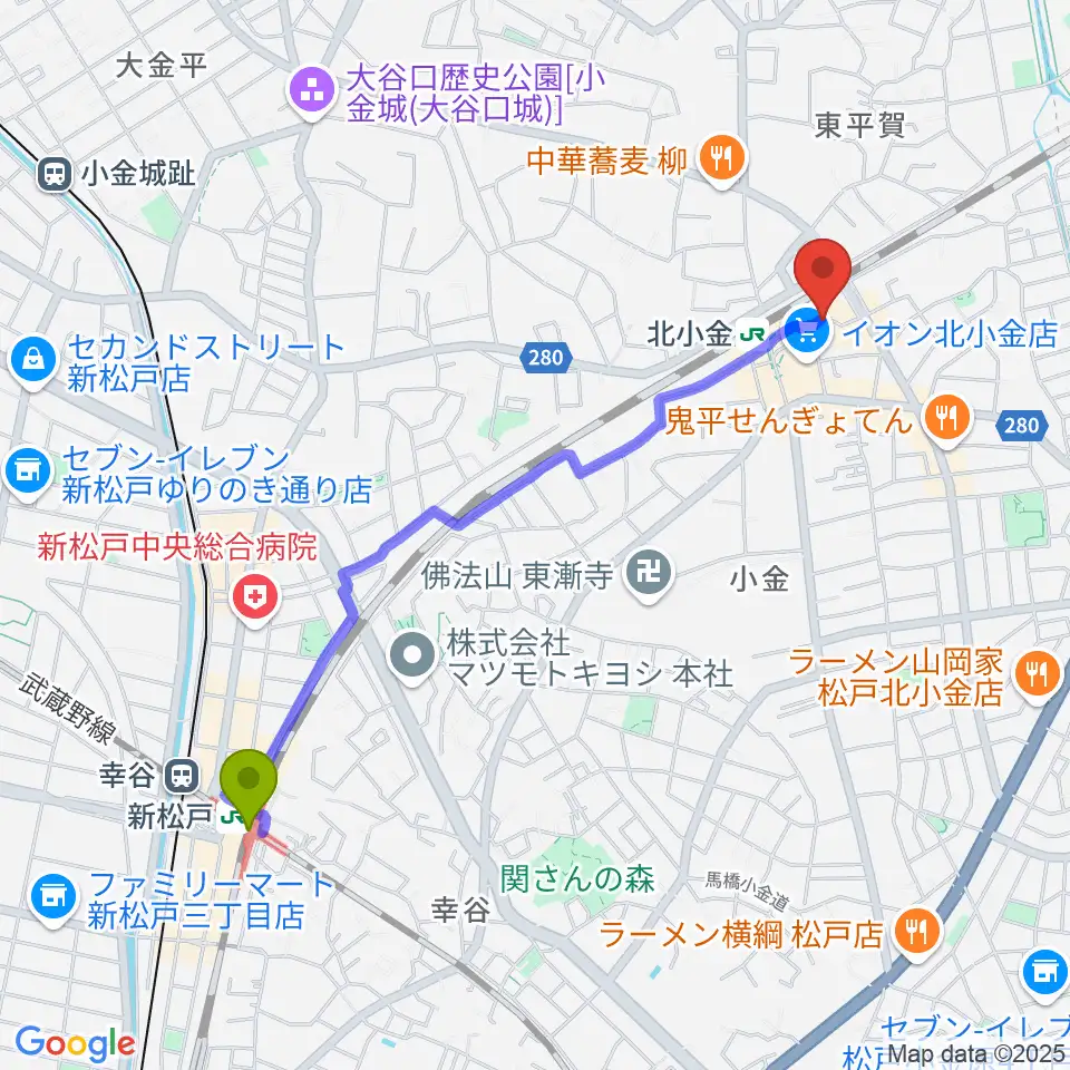 新松戸駅から北小金Throbberへのルートマップ地図