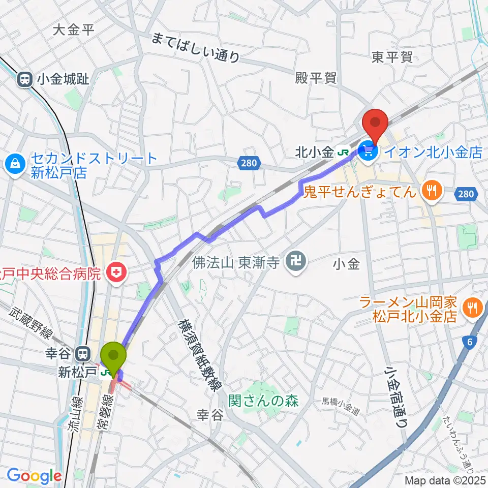 新松戸駅から北小金Throbberへのルートマップ地図