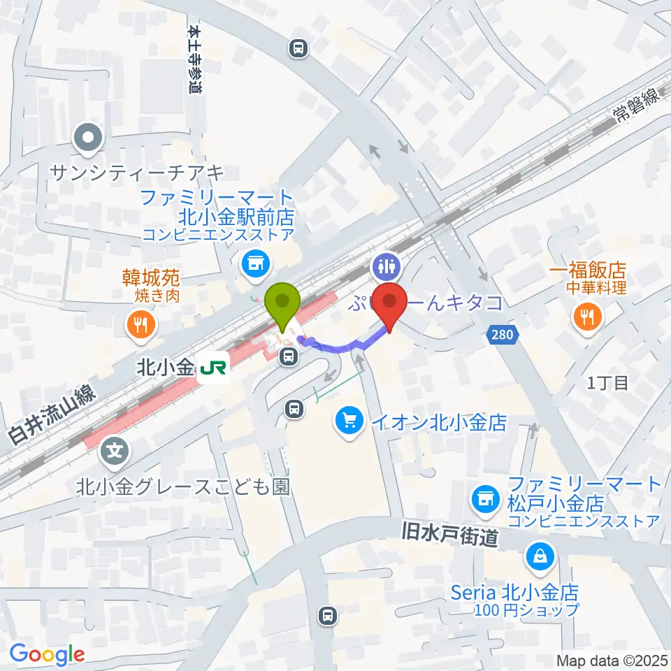 北小金Throbberの最寄駅北小金駅からの徒歩ルート（約1分）地図