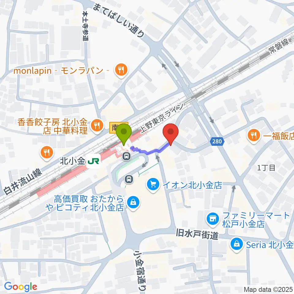 北小金Throbberの最寄駅北小金駅からの徒歩ルート（約1分）地図
