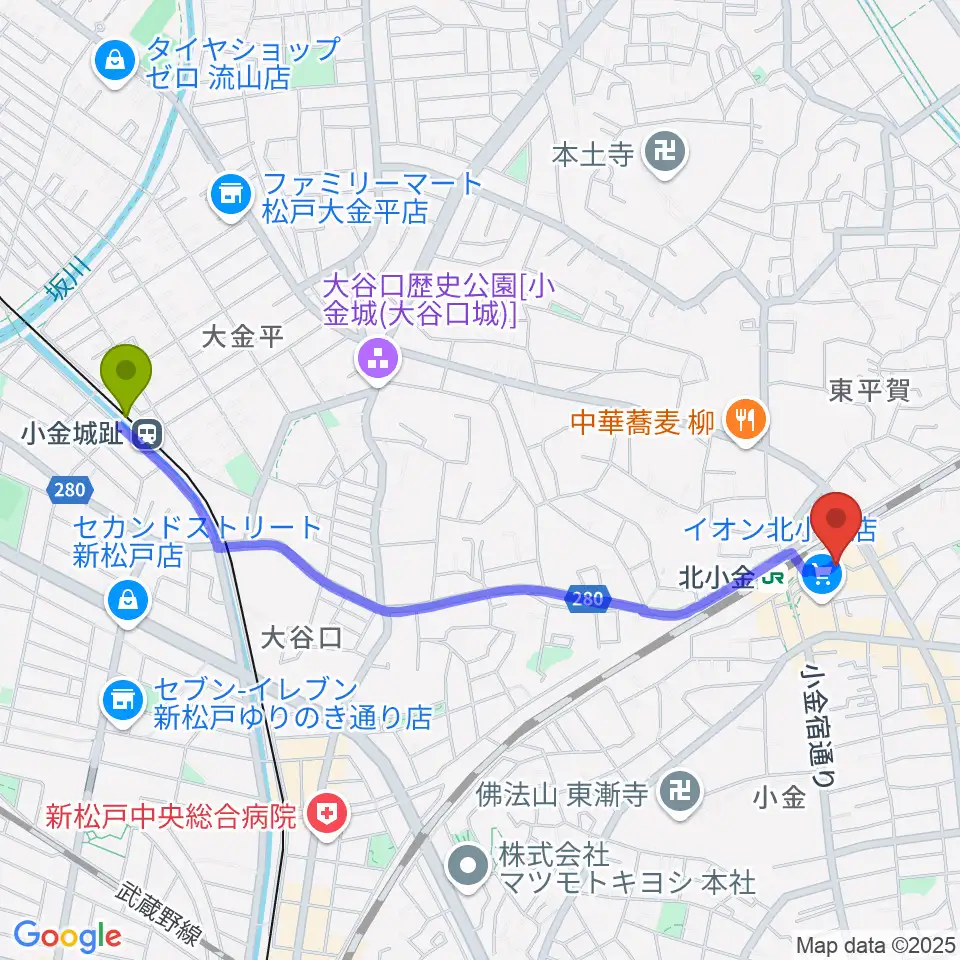 小金城趾駅から北小金Throbberへのルートマップ地図