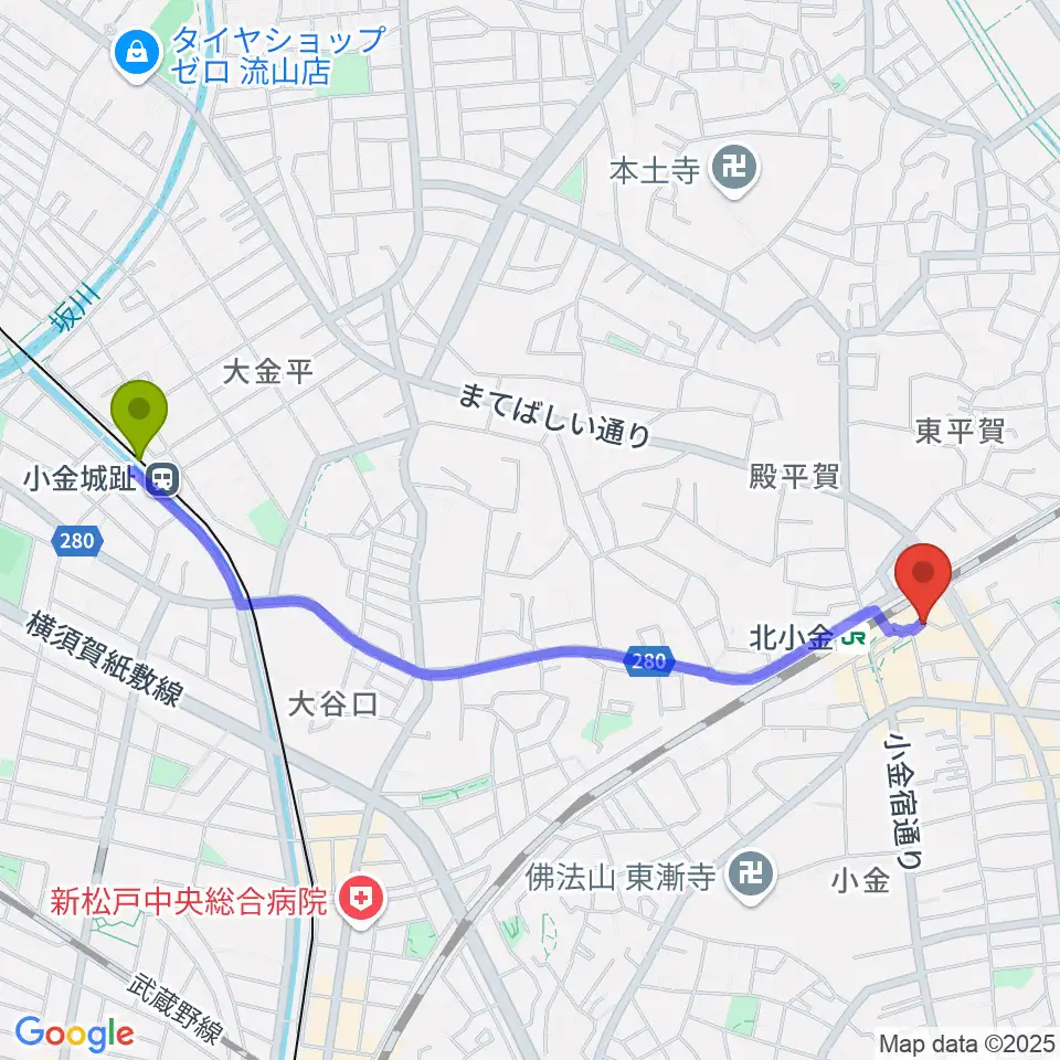 小金城趾駅から北小金Throbberへのルートマップ地図