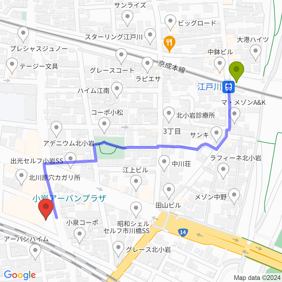 小岩アーバンプラザの最寄駅江戸川駅からの徒歩ルート（約6分）地図