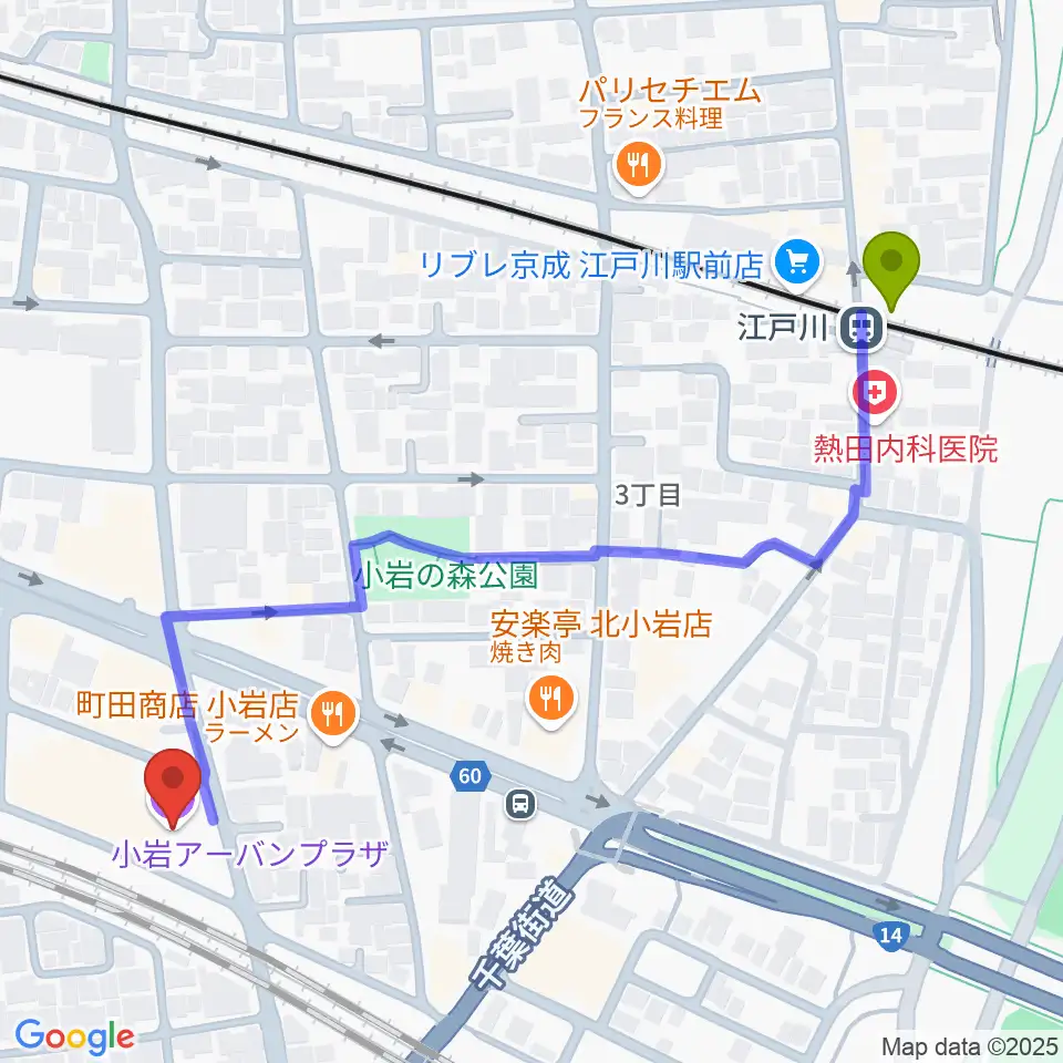 小岩アーバンプラザの最寄駅江戸川駅からの徒歩ルート（約6分）地図