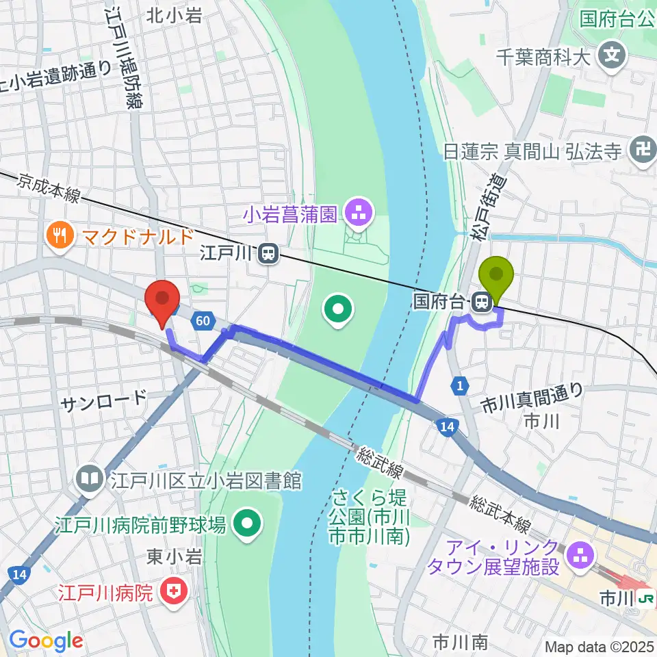国府台駅から小岩アーバンプラザへのルートマップ地図