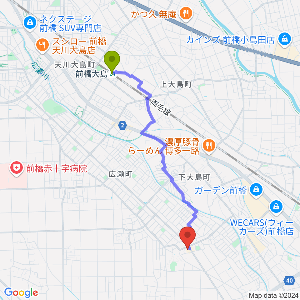 前橋大島駅から山王ホールへのルートマップ地図